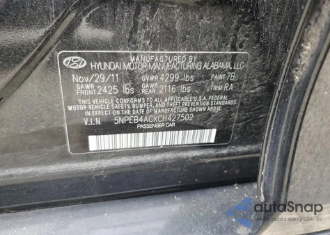 2012 Hyundai Sonata Gls from USA, damaged, VIN 5NPEB4ACXCH427502